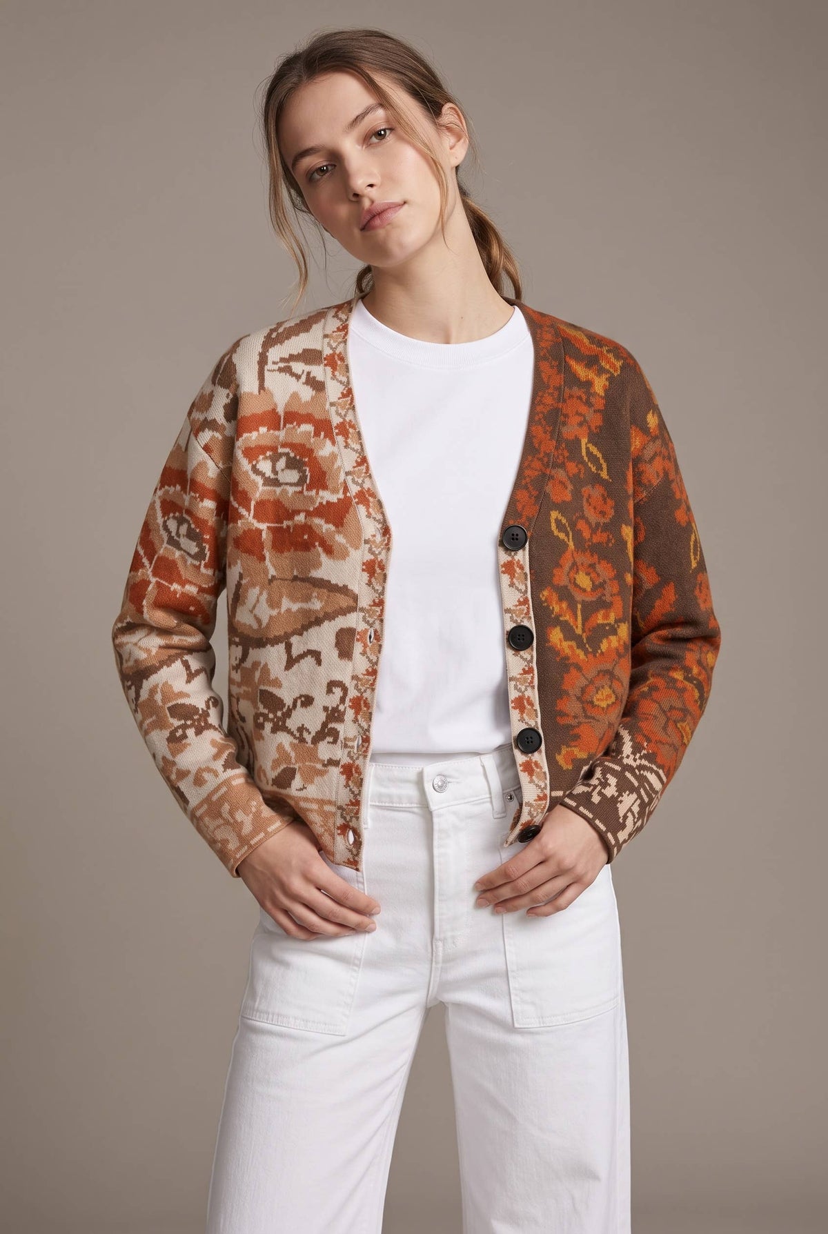 Rustic Fall Mixed Floral Jacquard Button-Front Cardigan