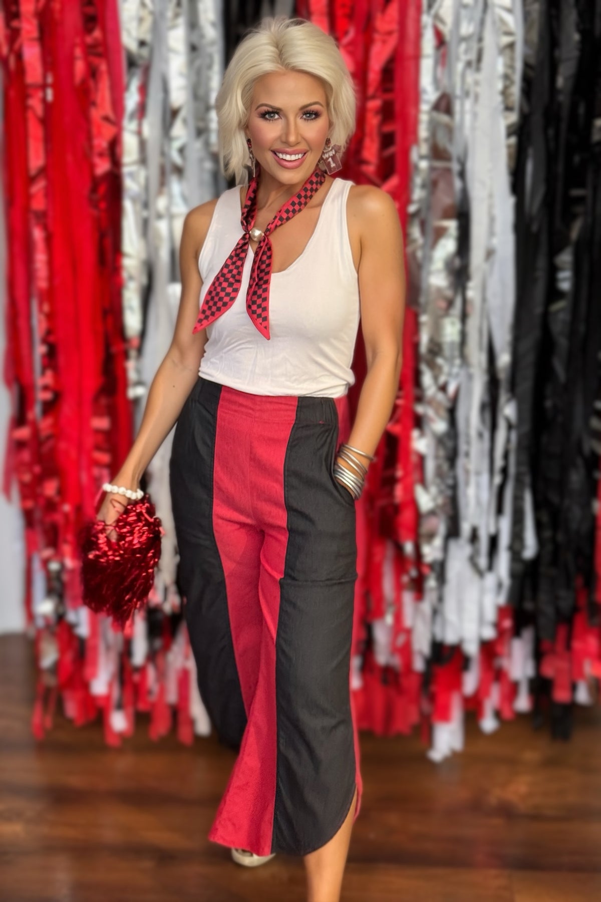 Red and Black Color Block Tulip Pants