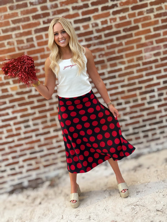 Red & Black Polka Dot Midi Skirt – Classic Statement Skirt