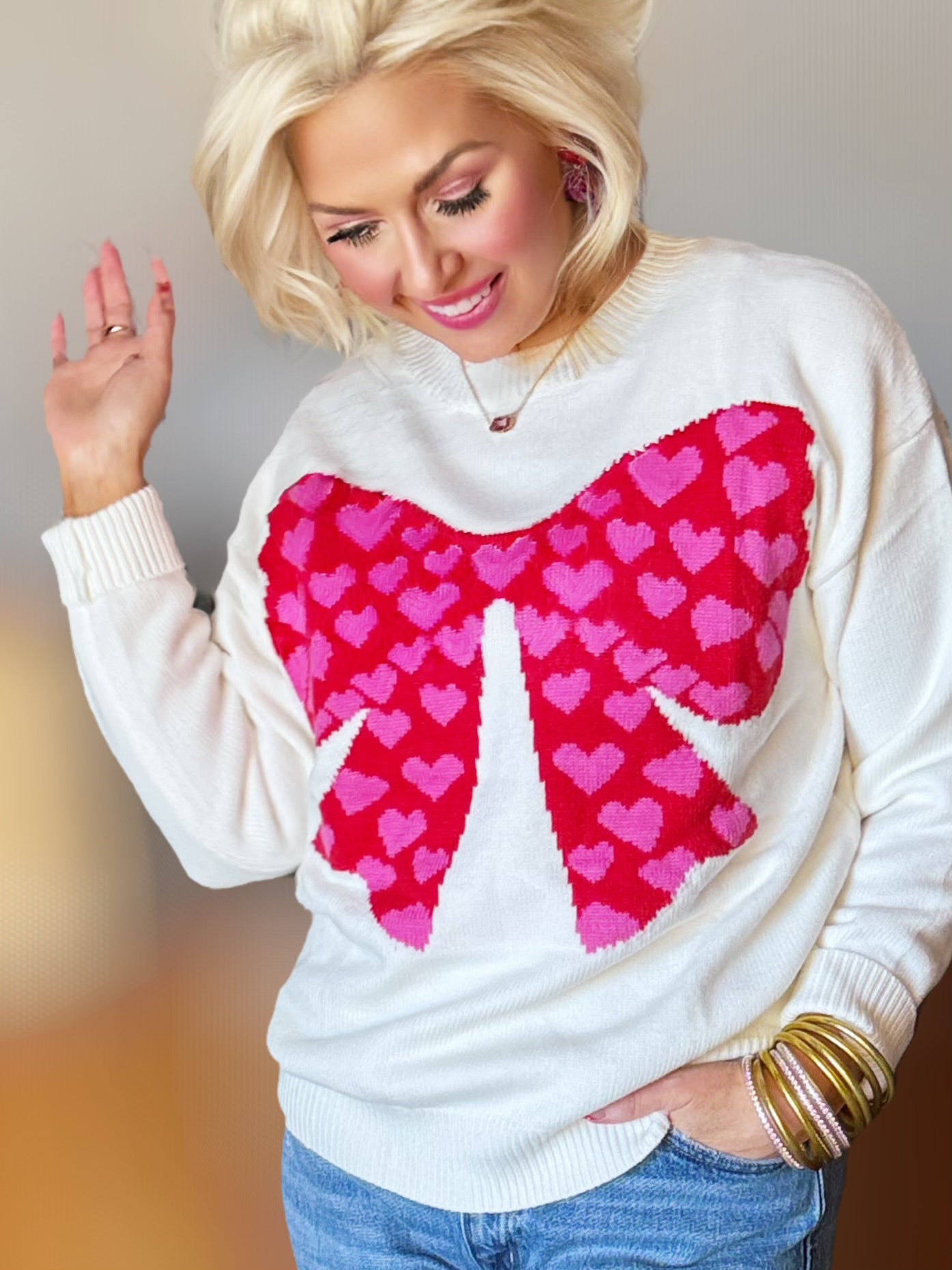 Cupid Approved Valentines Heart Bow Graphic Long Sleeve Knit Sweater