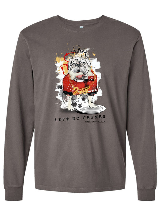 Gray long-sleeve shirt with a graphic of a bulldog wearing a crown and 'Left No Crumbs' text on a white background.