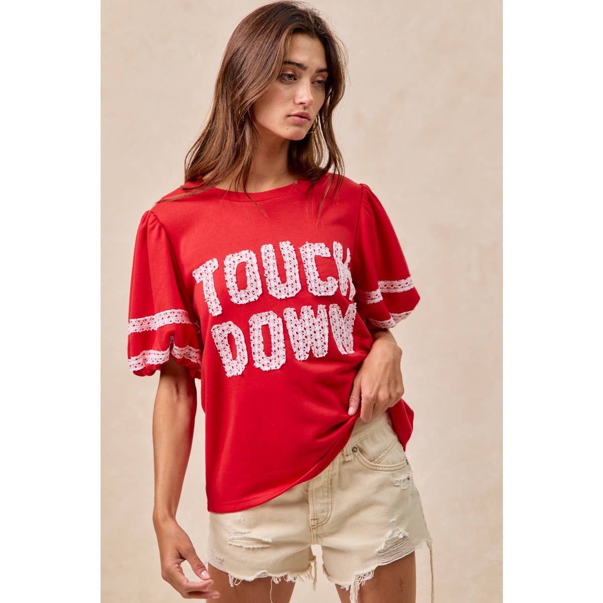 GAMEDAY THEME SLEEVE TOP WITH TOUCH DOWN PATCHWORK: GREEN / L