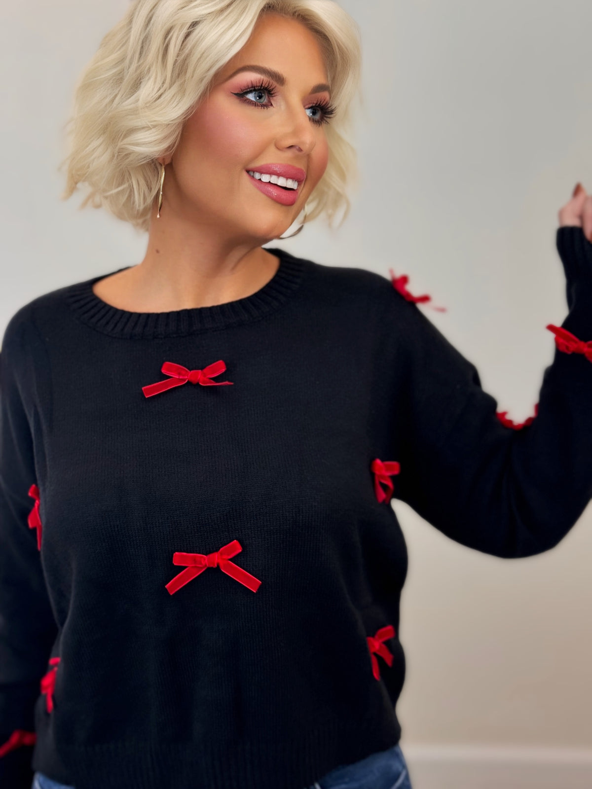 Black Sweater with Red Velvet Ribbon Bows