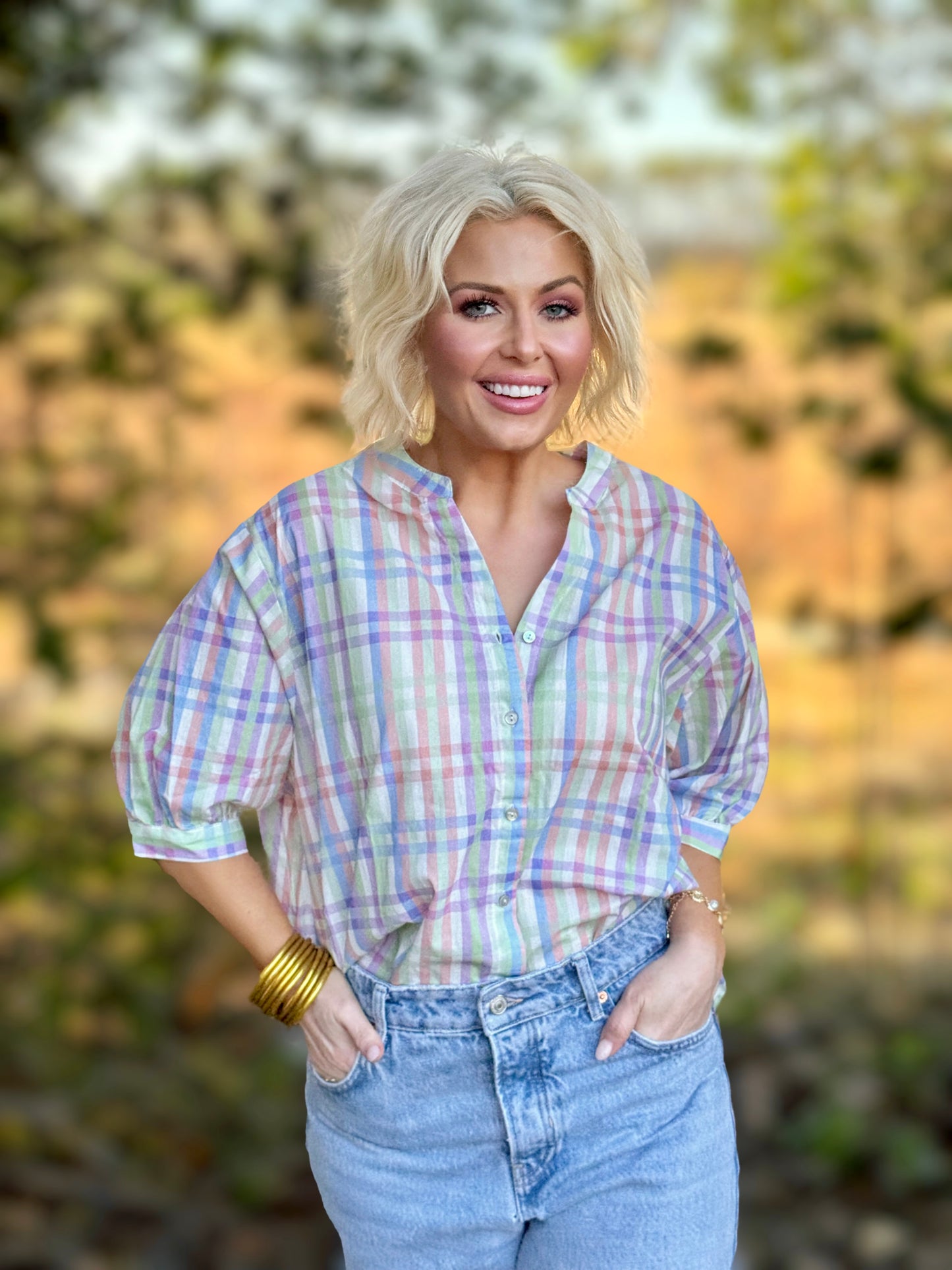 Sunday Best Plaid V-Neck Half Puff Sleeve Blouse