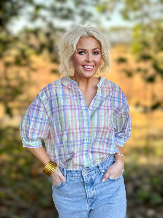 Sunday Best Plaid V-Neck Half Puff Sleeve Blouse