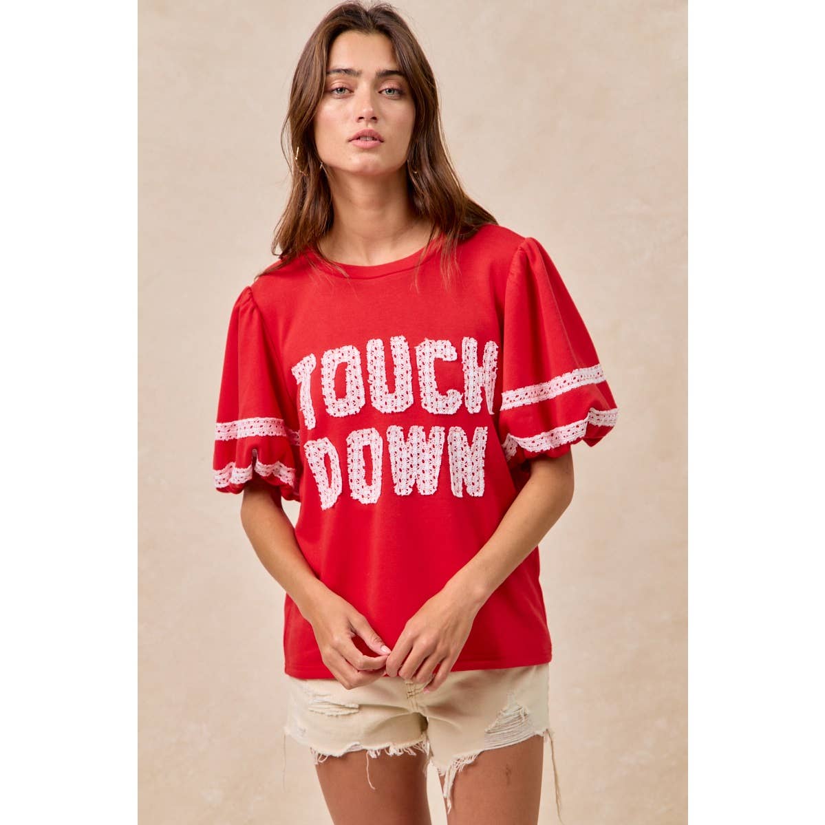GAMEDAY THEME SLEEVE TOP WITH TOUCH DOWN PATCHWORK: BLUE / L