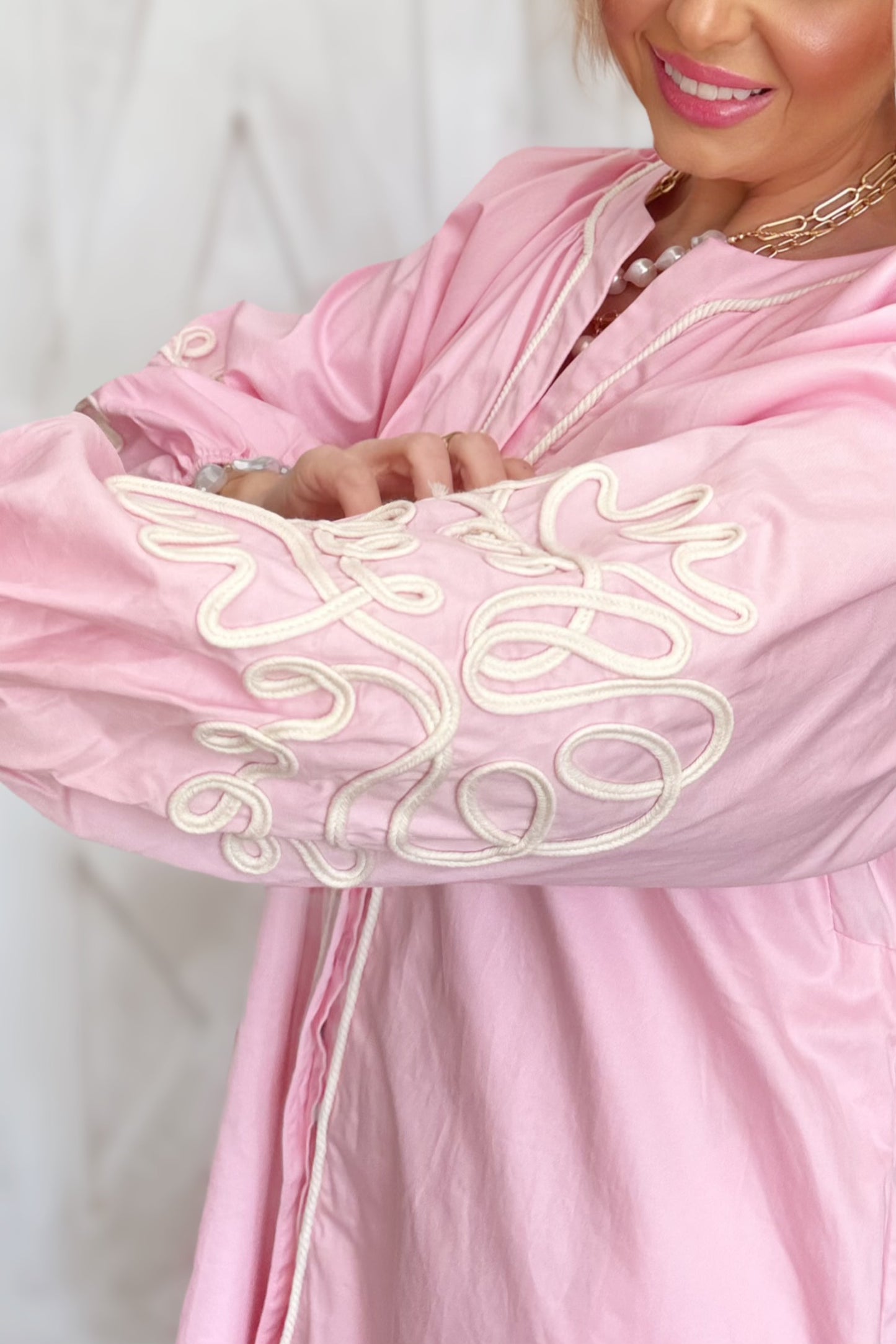 The Sunday Brunch Embroidered Sleeve Baby Doll Button Down Mini Dress