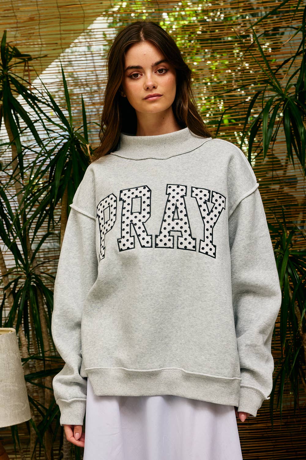 Polka Dot PRAY Appliqué Oversized Mock Neck Sweatshirt