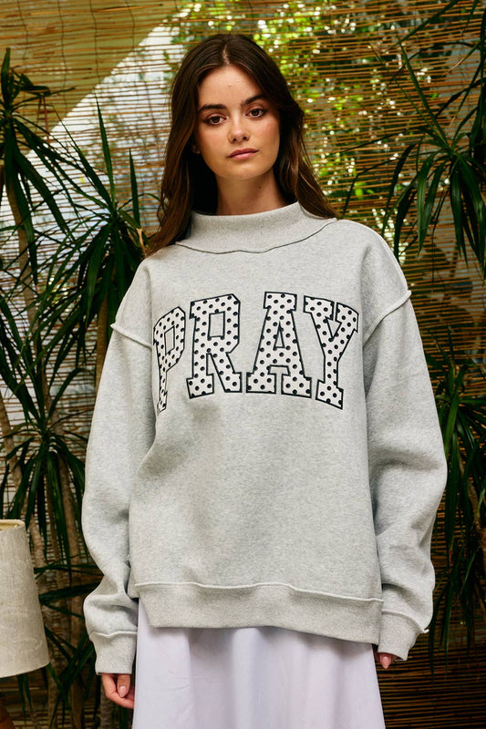 Polka Dot PRAY Appliqué Oversized Mock Neck Sweatshirt
