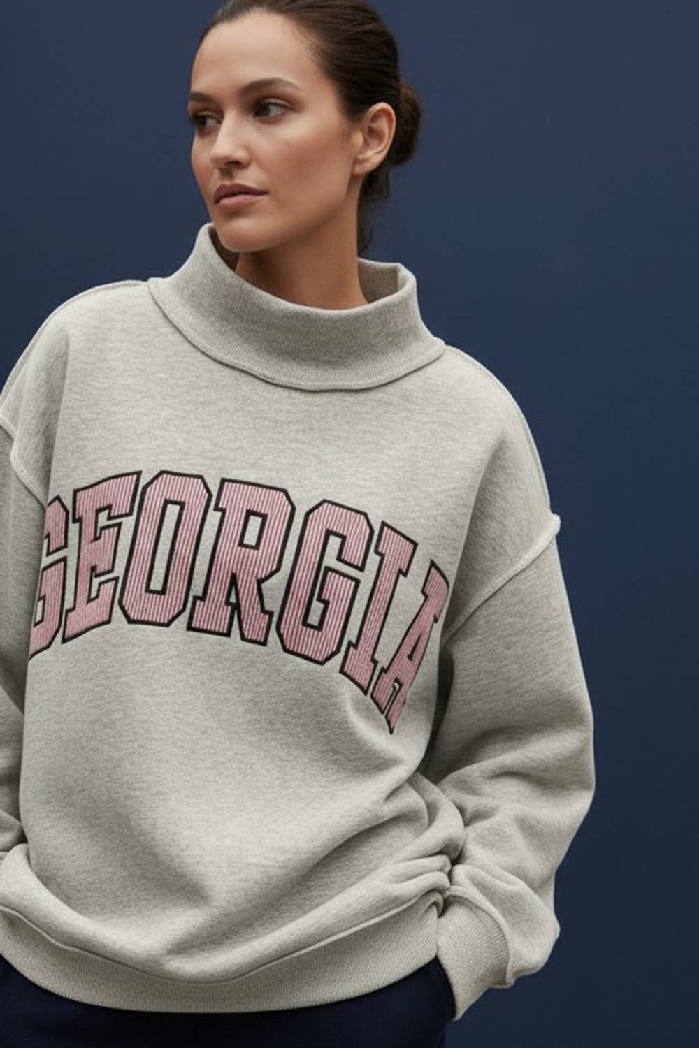 georgia embroidered terry sweatshirt women oversized mock neck grey varsity pullover cozy lounge top