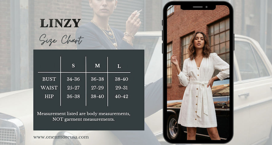 LINZY size chart with a woman in a white dress and smartphone displaying the same scene.