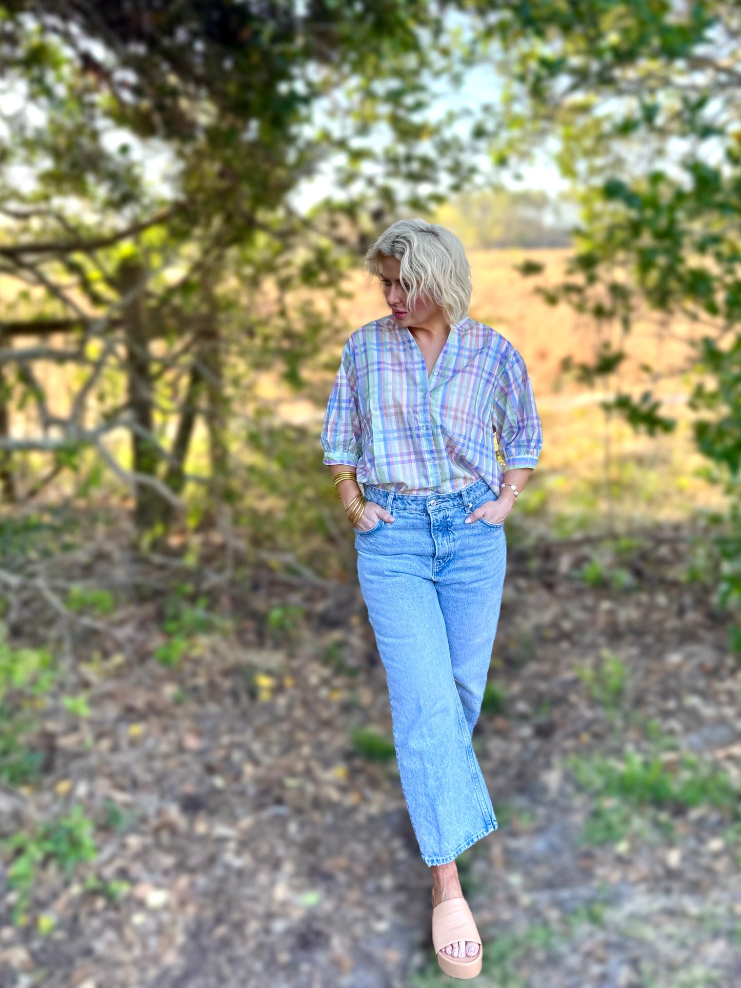 Sunday Best Plaid V-Neck Half Puff Sleeve Blouse
