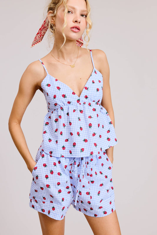 Erdbeer-Gingham Zweiteiler | Damen Sommer Tanktop & Shorts Set | Babydoll-Cami + Shorts mit Kordelzug | Süßes passendes Urlaubsoutfit