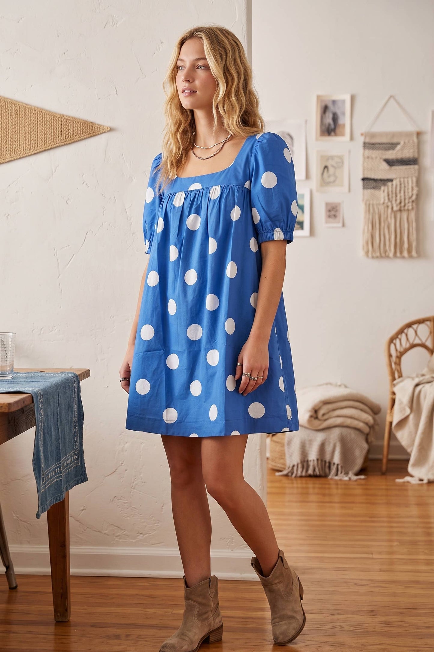 Gameday Polka Dot Puff Sleeve Dress: RED/BLACK / L