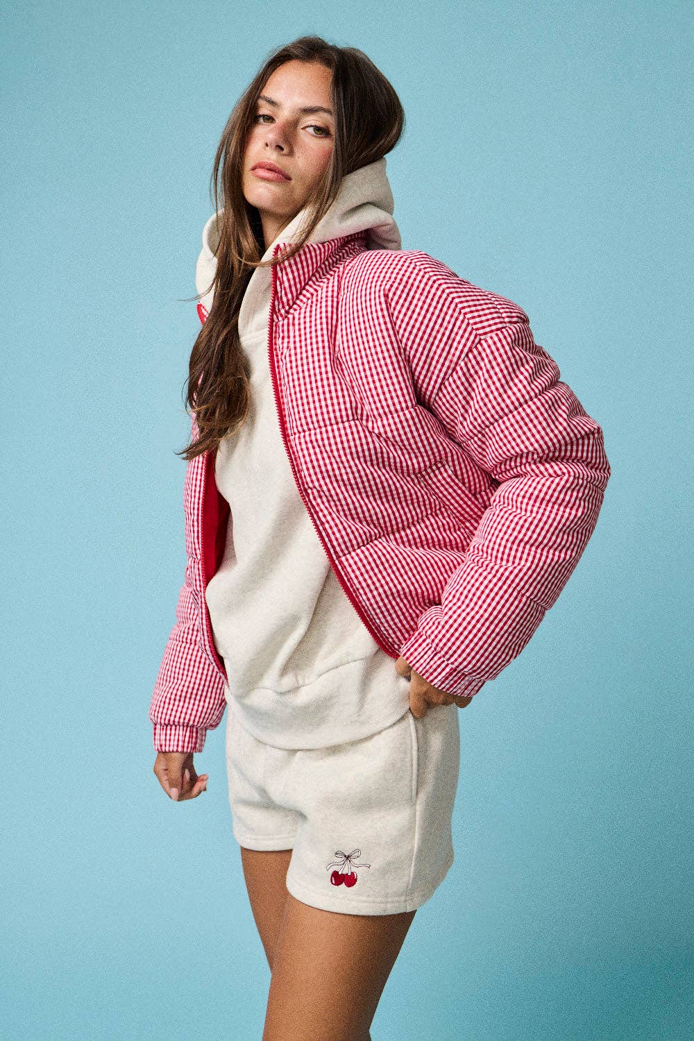 Check Me Out: Red & White Gingham Zip-Up Puffer Jacket