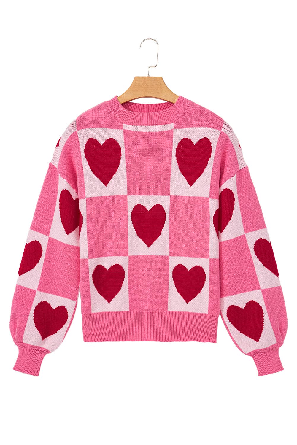 First Love Pink Heart Checkered Pattern Valentine Crew Neck Sweater