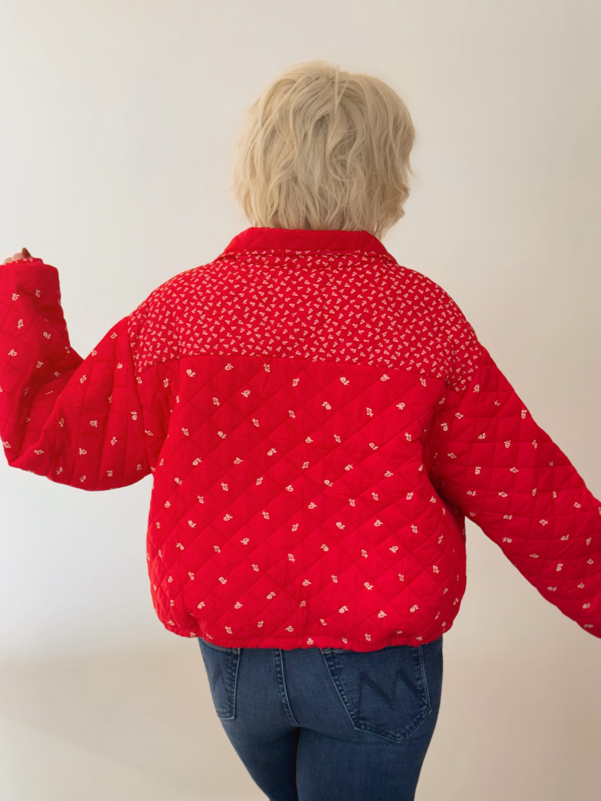 Red Floral Quilted Jacket with Contrast Trim