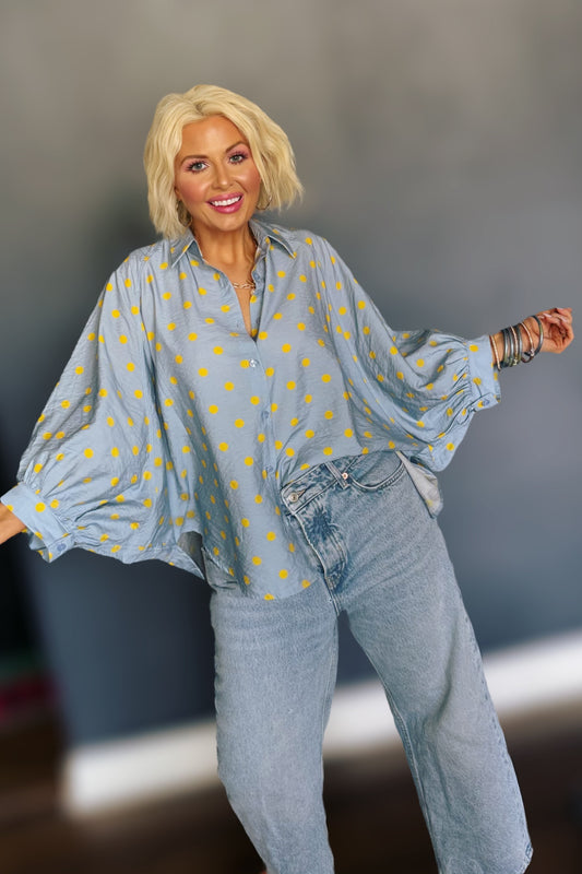 Freshly Picked Pale Blue Oversized Button-Down Polka Dot Blouse