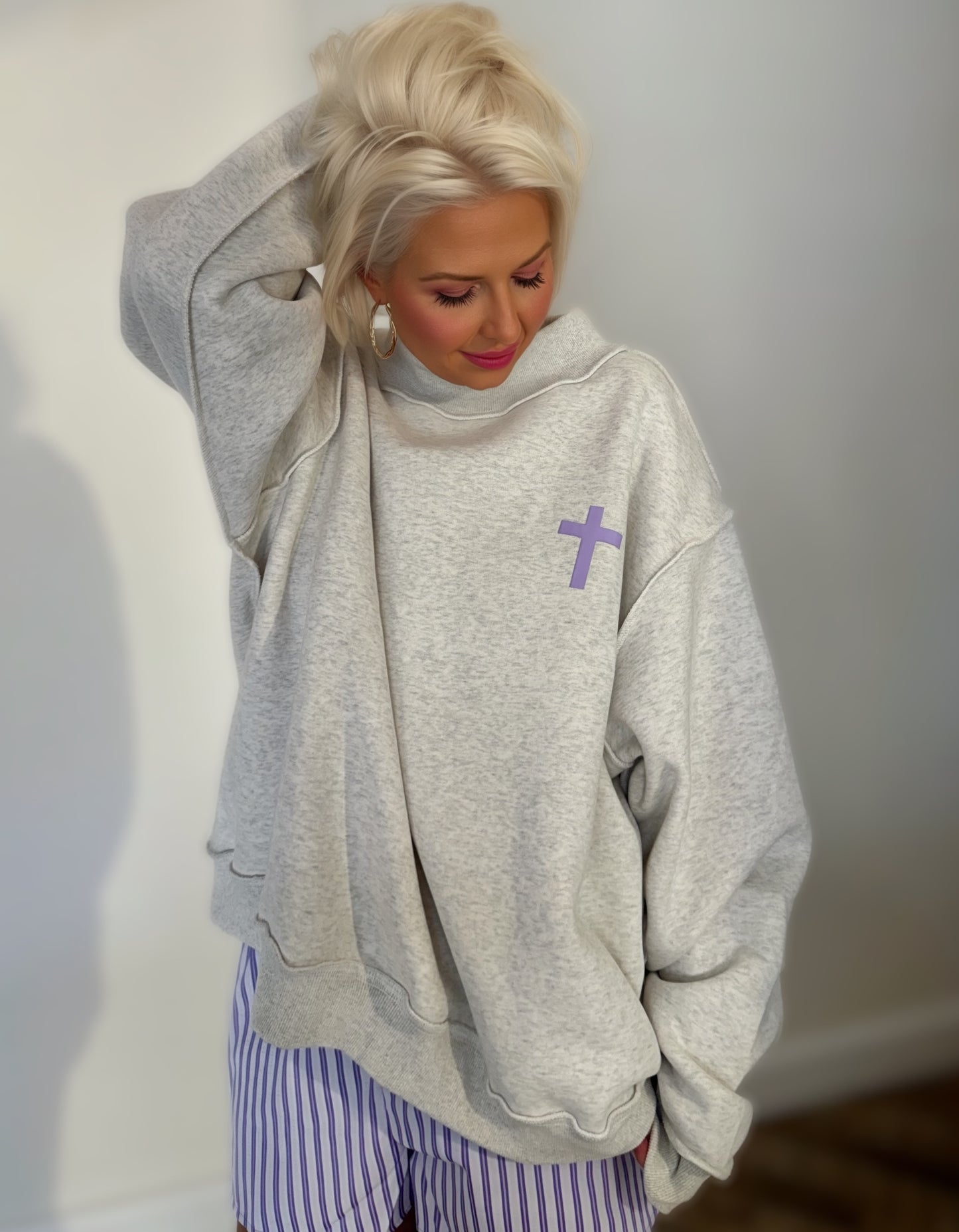 Reversible Christian Sweatshirt | CROSS & JESUS SAVES Oversized Pullover | Faith-Based 2-in-1 Mock Neck Sweatshirt | Cozy Boutique Crewneck