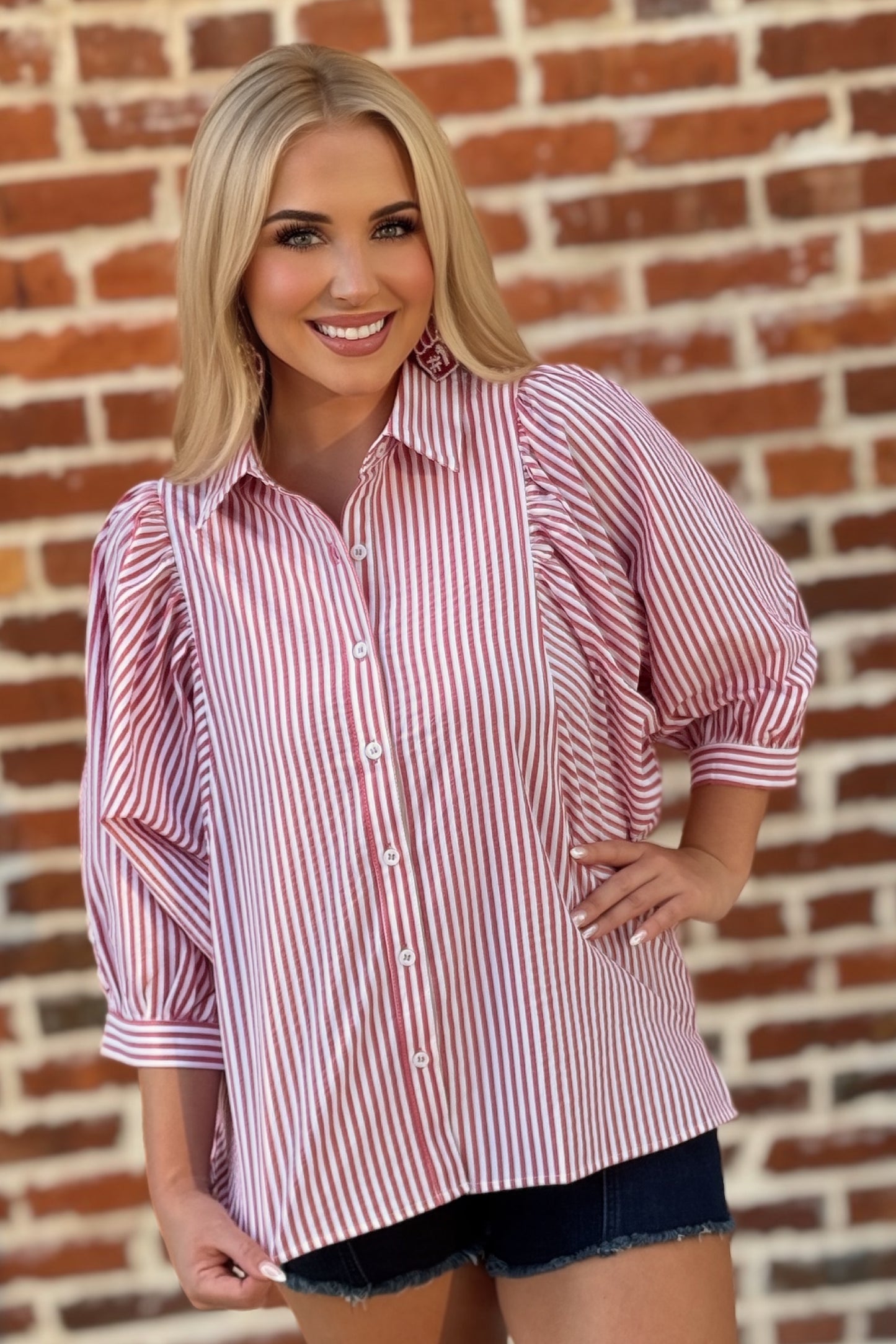 Crimson Charm Striped Puff-Sleeve Blouse