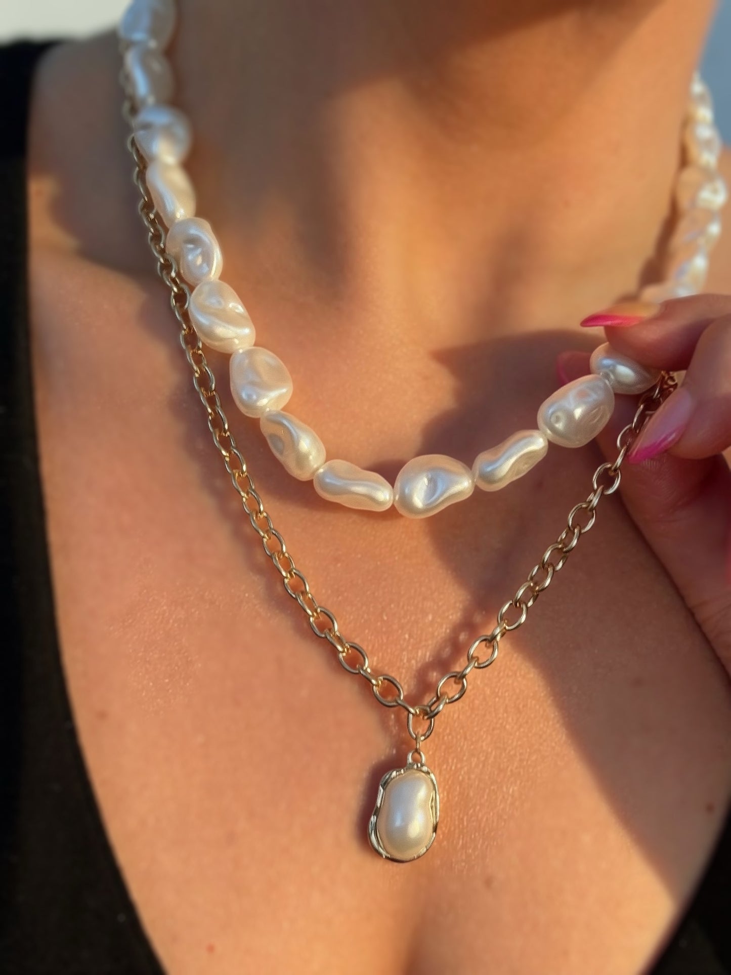 Collier Pendentif Perle Superposé Chaîne Perles Polies