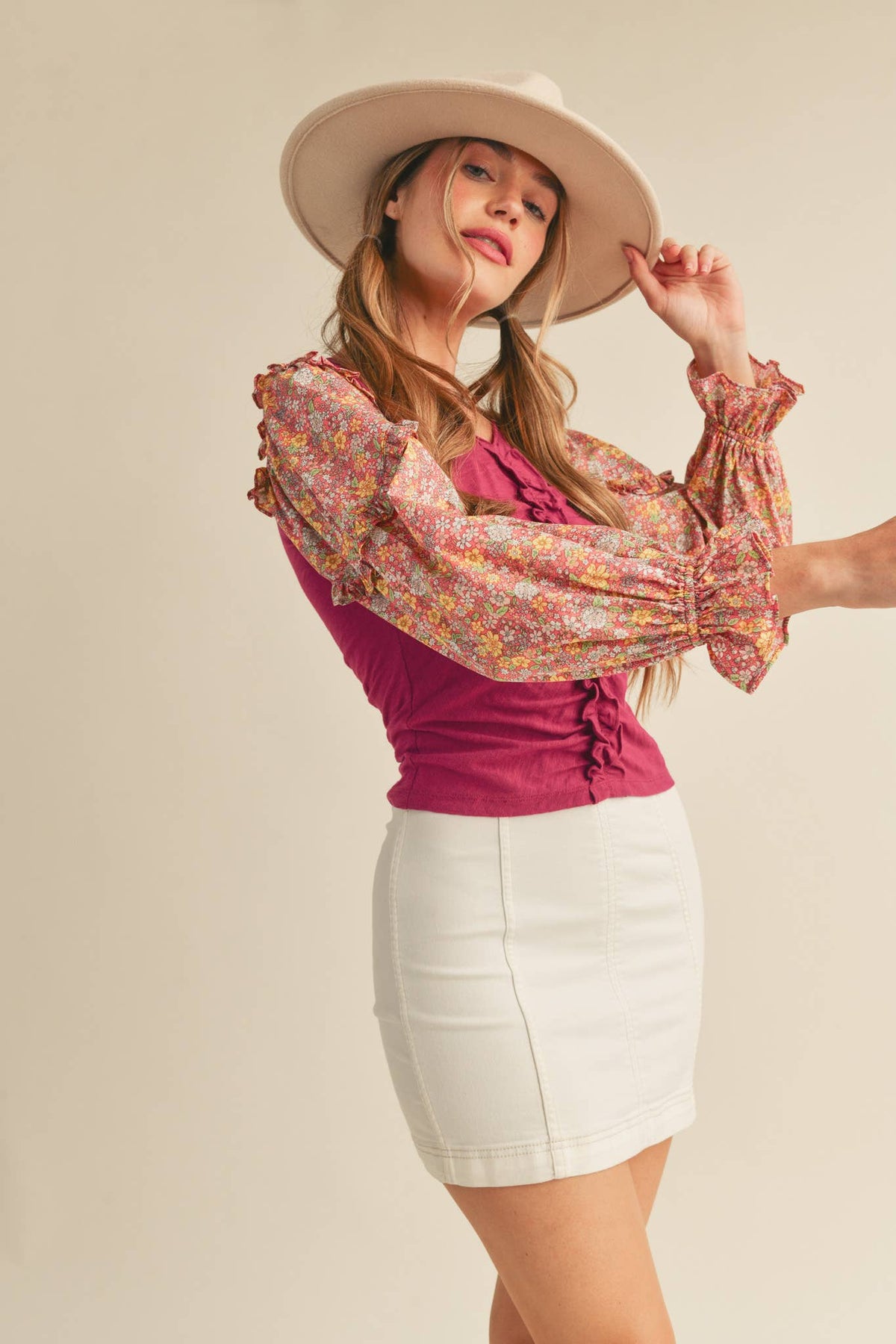 Magenta Berry Floral Puff Sleeve Cotton Top