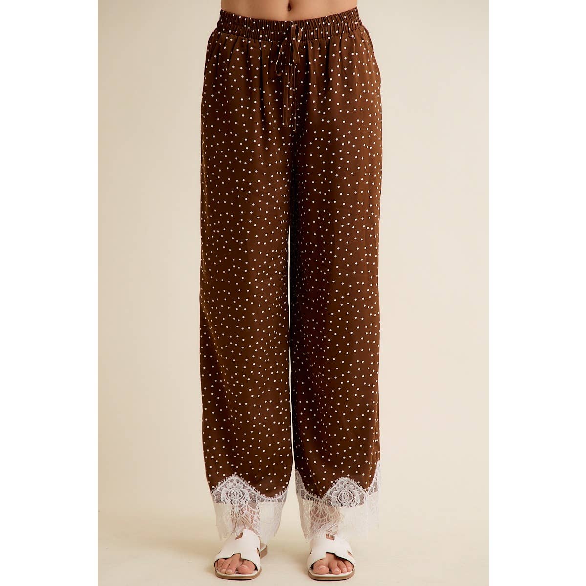 Satin Polka Dot Wide Leg Pants with Lace Trim – Chocolate Brown