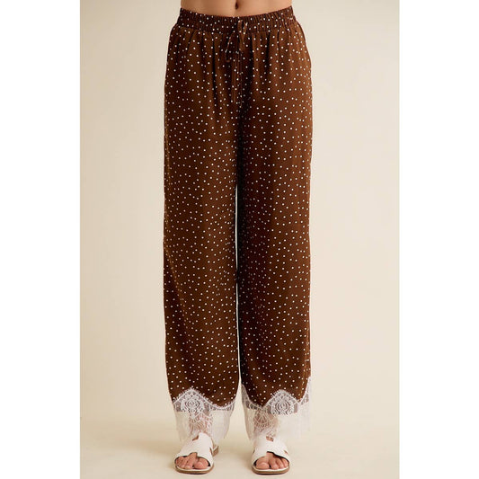 Satin Polka Dot Wide Leg Pants with Lace Trim – Chocolate Brown
