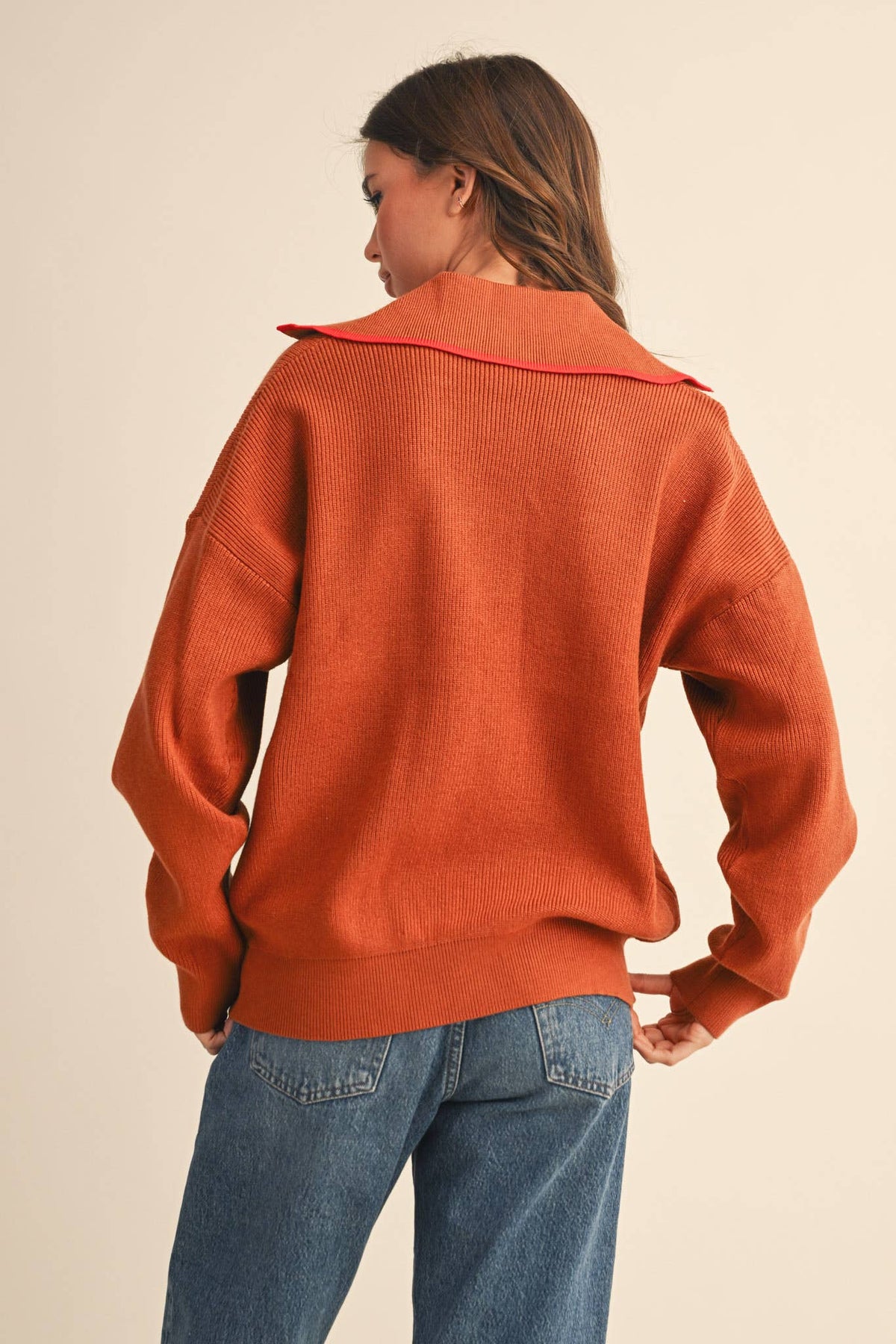 Ginger Ribbed Collared V-Neck Pullover Sweater