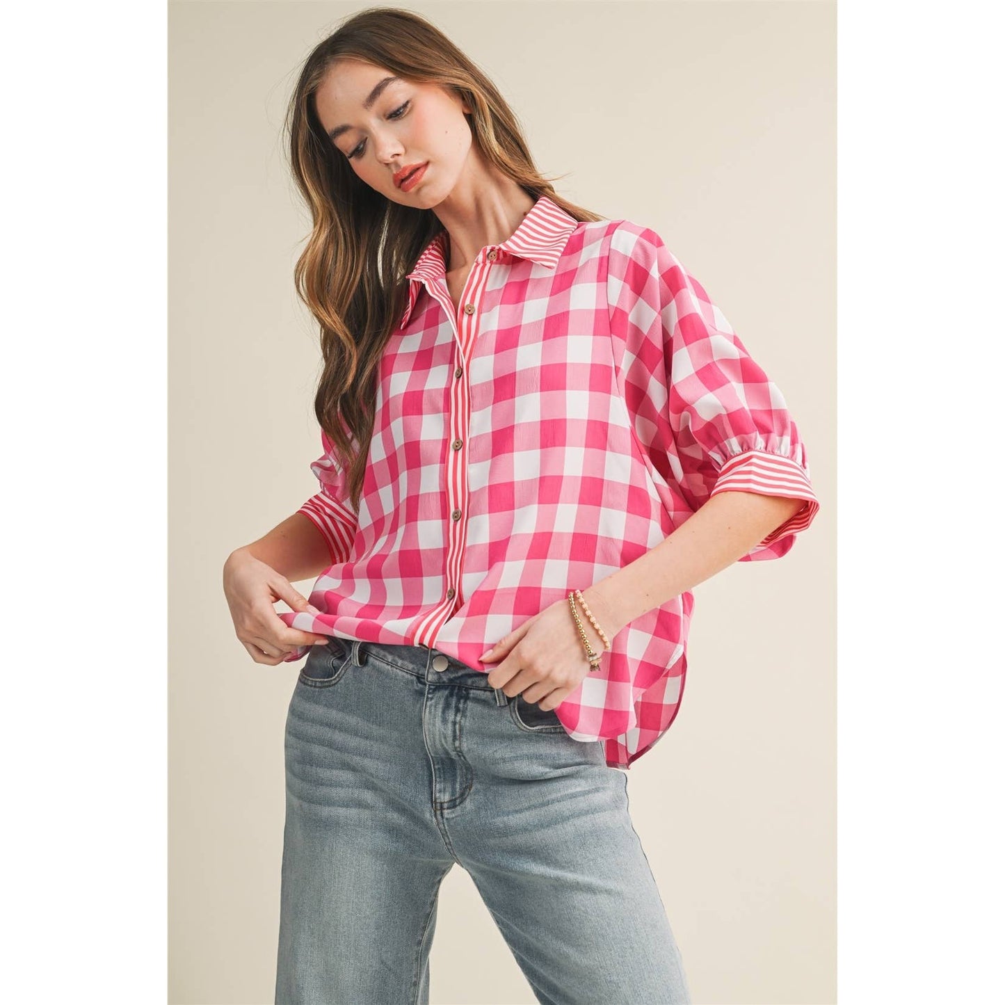 Romantic Gingham Check Pattern Elegant Blouse: RED / S-M-L-XL(2-2-2-1)