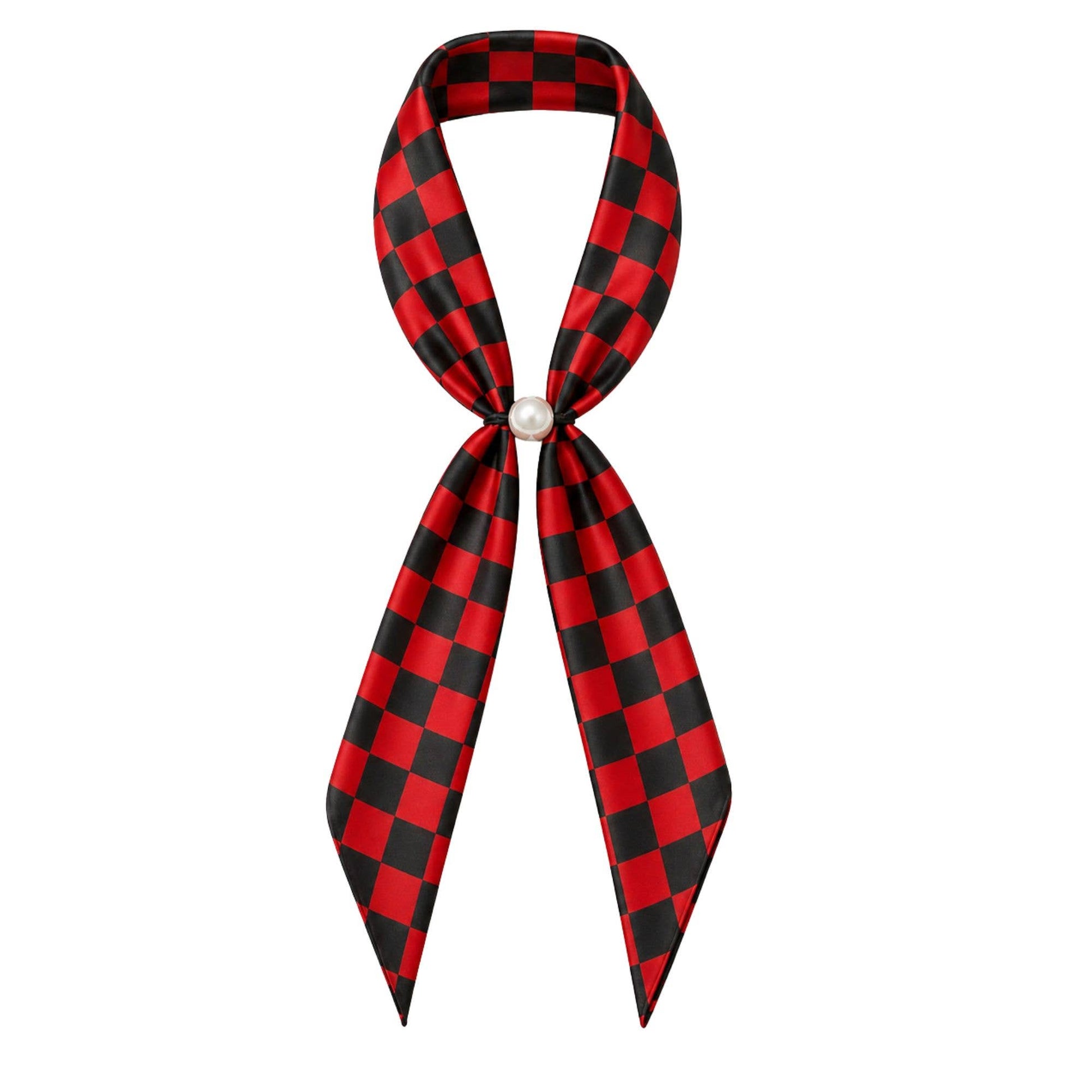 Red and black checkered scarf necklace with long pointed ends and a pearl-style magnetic closure.
