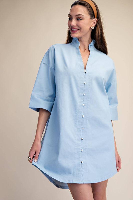 Southern Skies Blue Ruffle Collar Shirt Dress
