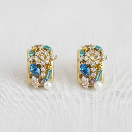 Petite Vintage Inspired Colorful Cubic Zirconia C-Shape Stud Earrings
