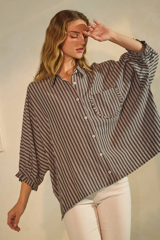 Black Striped Button Down Oversized Blouse