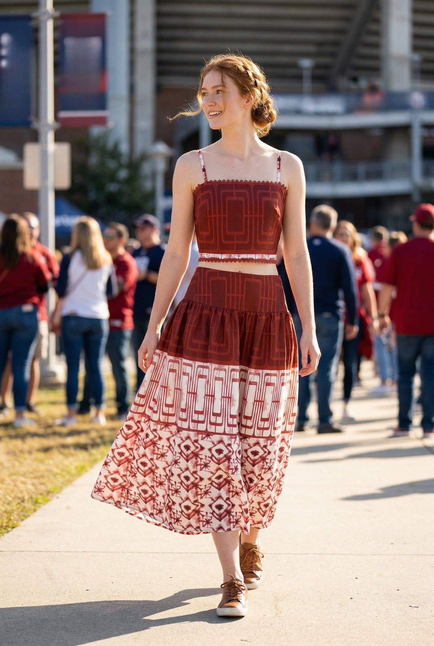 Geometric printed crop top and midi skirt set: RED COMBO / L