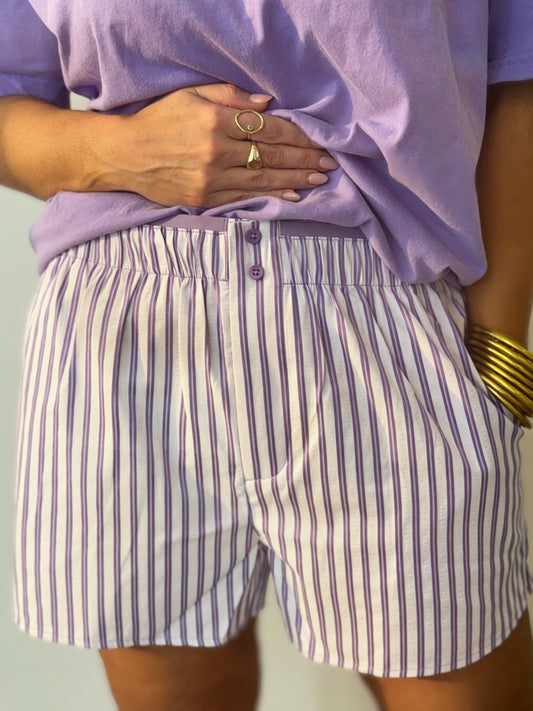 Lavender Stripe Boxer Shorts for Women | Elastic Waist Lounge Shorts with Pockets
