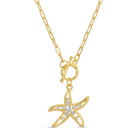 Collier à bascule Étoile de mer dorée | Collier pendentif plage côtière | Bijoux étoile de mer CZ chaîne trombone | Collier ras du cou plaqué or 18 carats