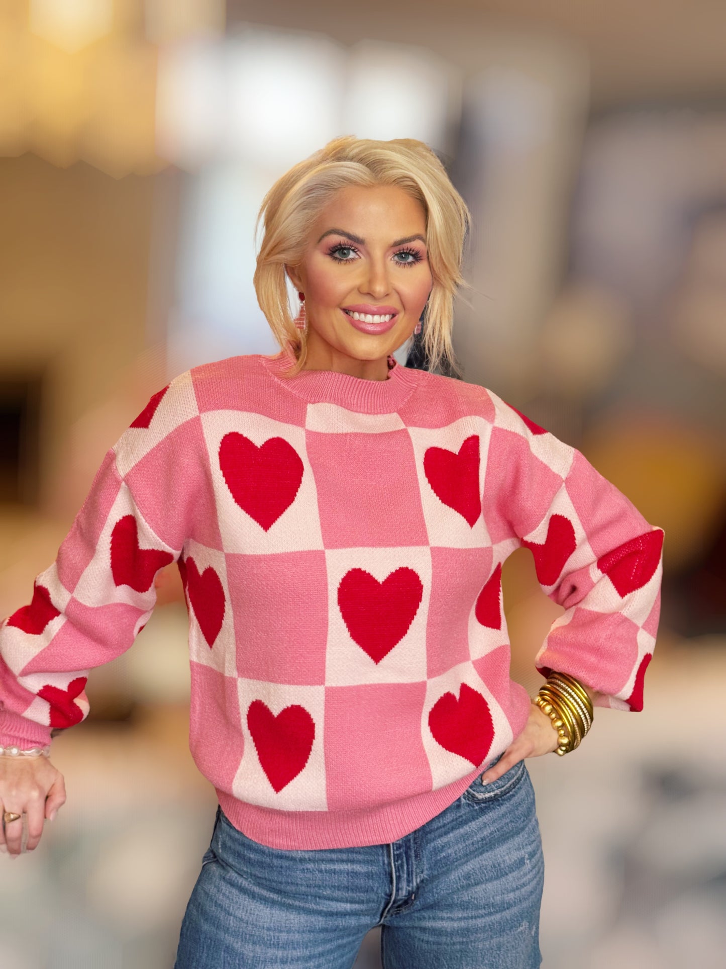 First Love Pink Heart Checkered Pattern Valentine Crew Neck Sweater