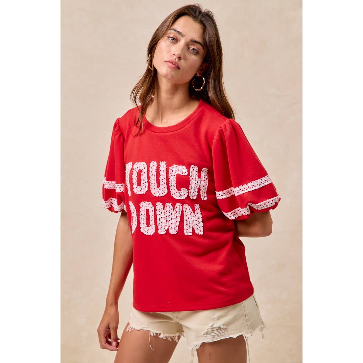 GAMEDAY THEME SLEEVE TOP WITH TOUCH DOWN PATCHWORK: BLUE / L