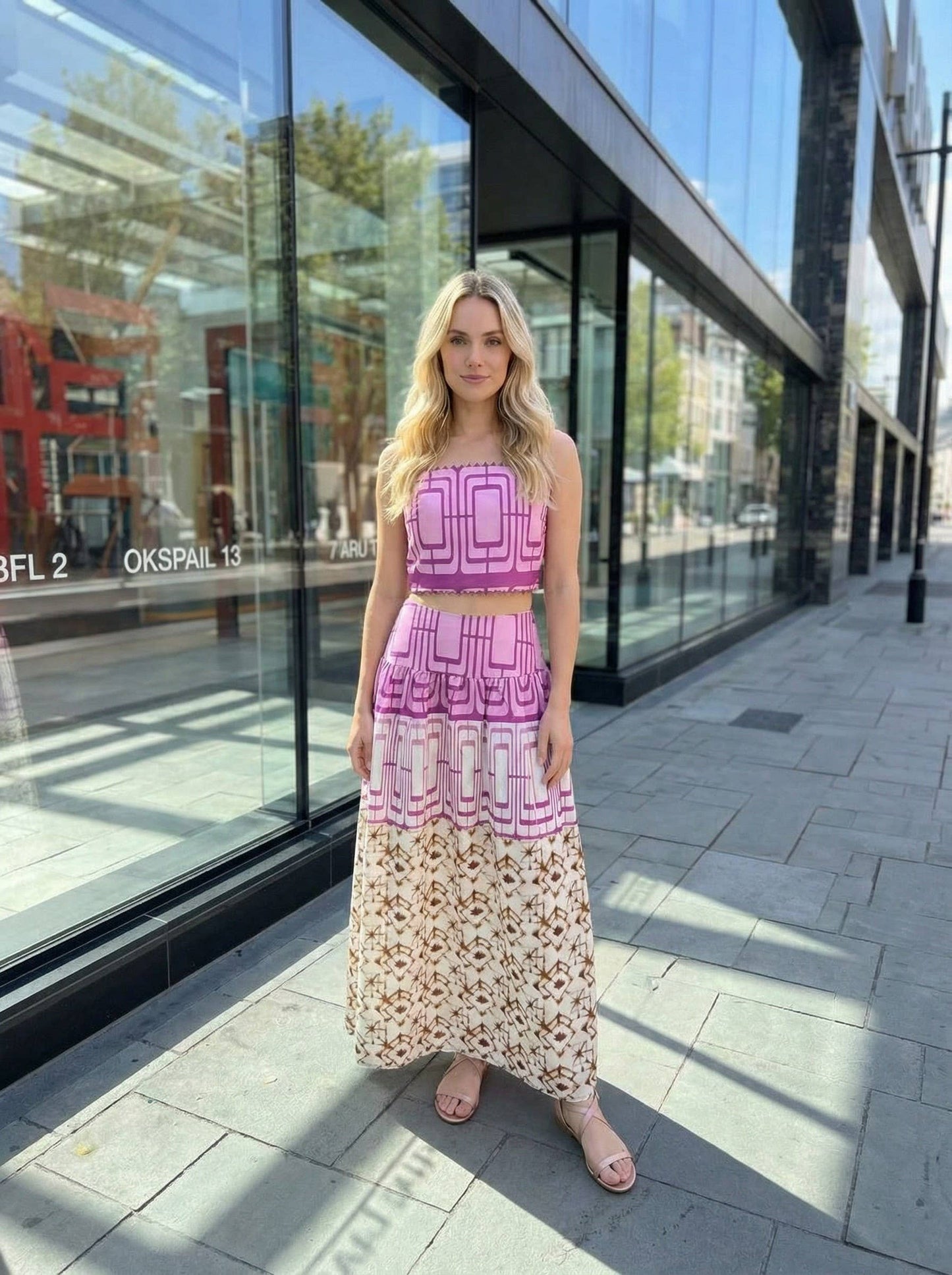 Geometric printed crop top and midi skirt set: RED COMBO / L
