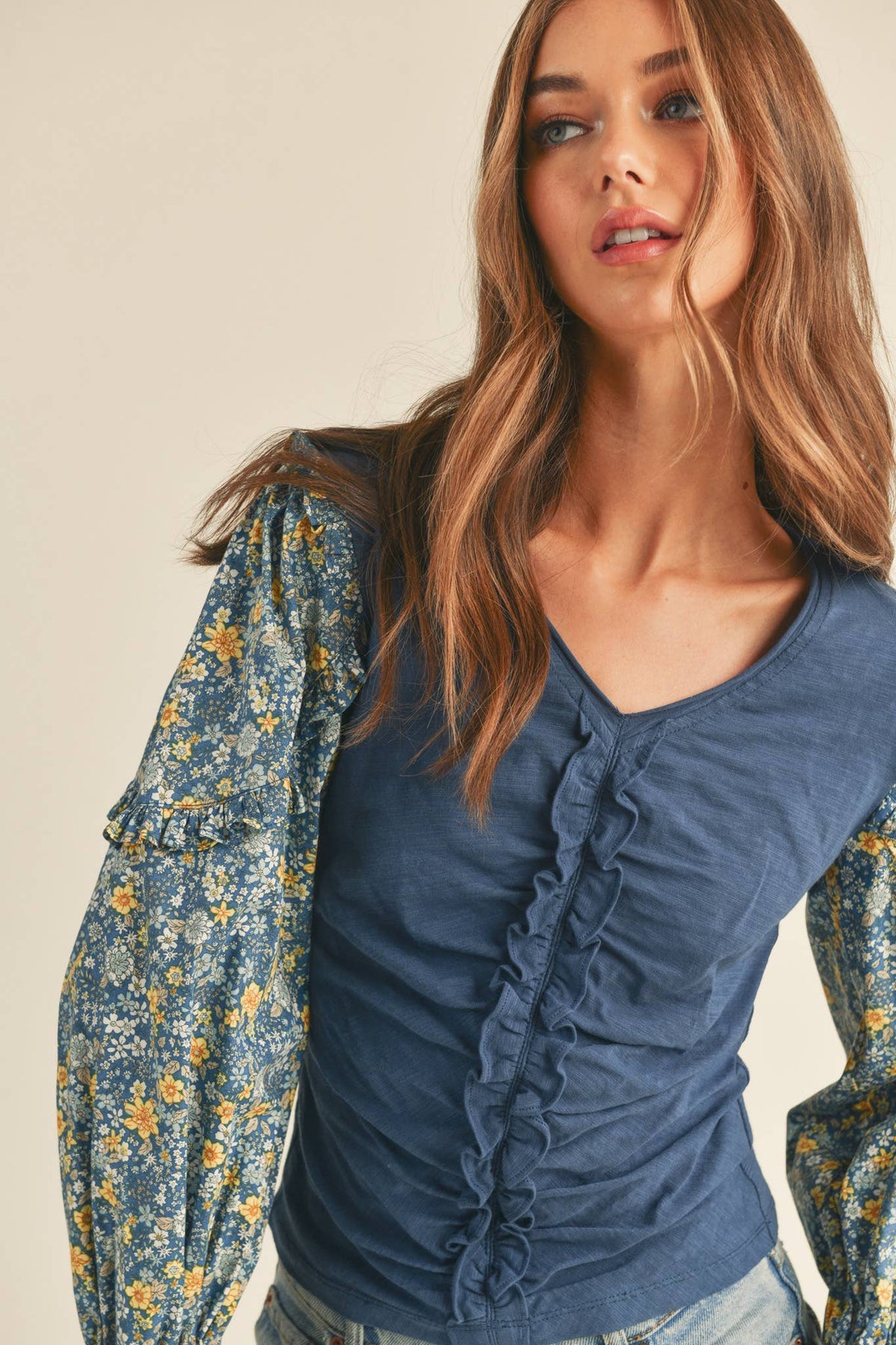 Dusty Blue Floral Puff Sleeve Cotton Blouse