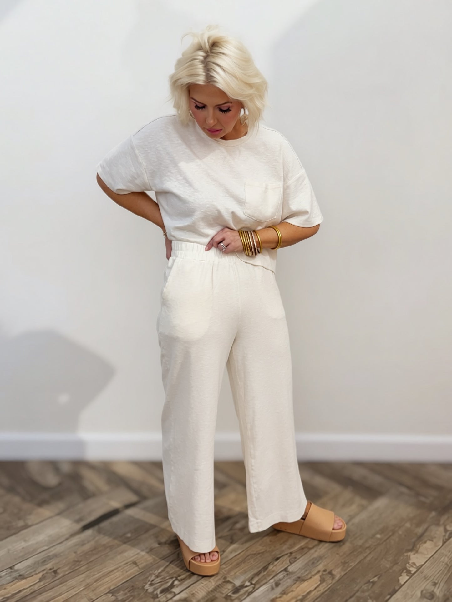 Cream Wide-Leg Lounge Pants | Elastic Waist Relaxed Fit Pants