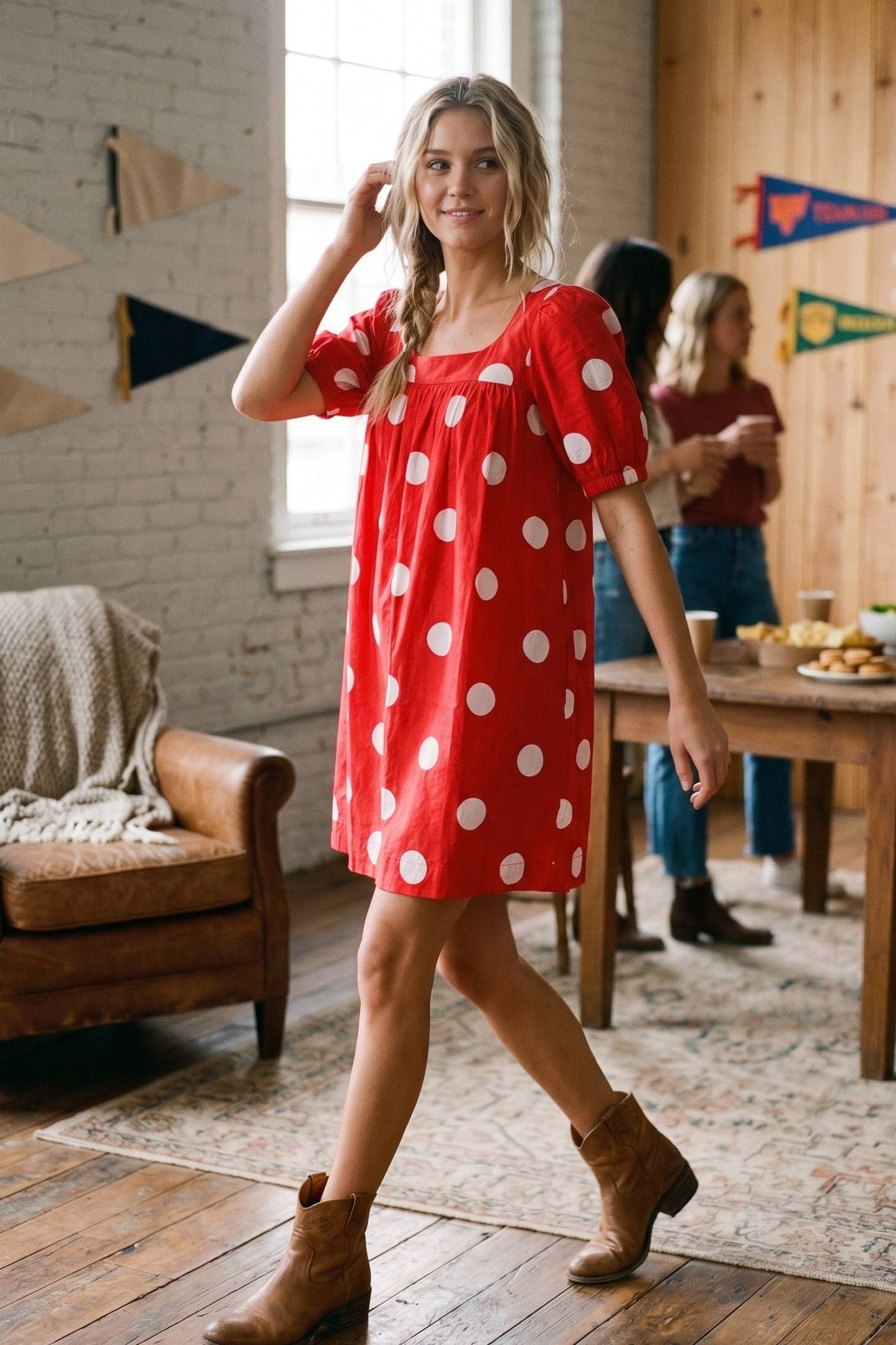 Gameday Polka Dot Puff Sleeve Dress: RED/BLACK / L