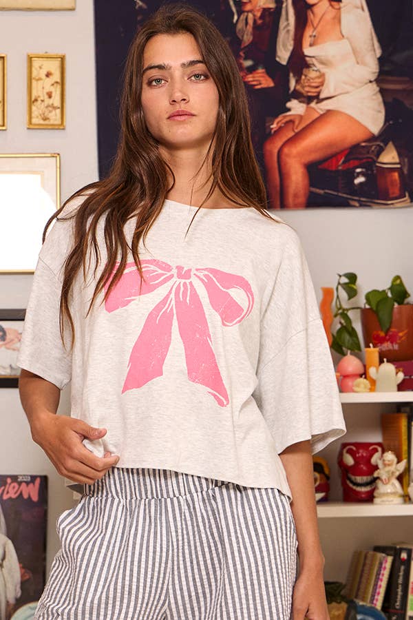 Coquette Rose Pink Bow Graphic Oversized Boxy Cropped Top