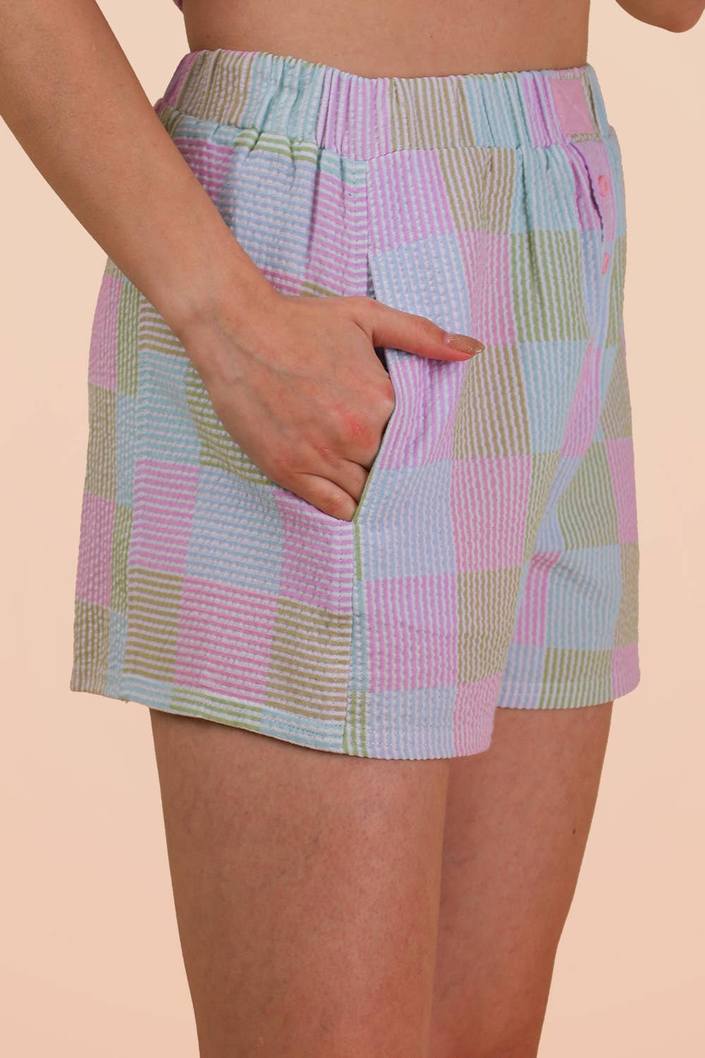 Pink Pastel Plaid Boxer Shorts for Women | Crinkle Cotton Lounge Shorts with Pockets