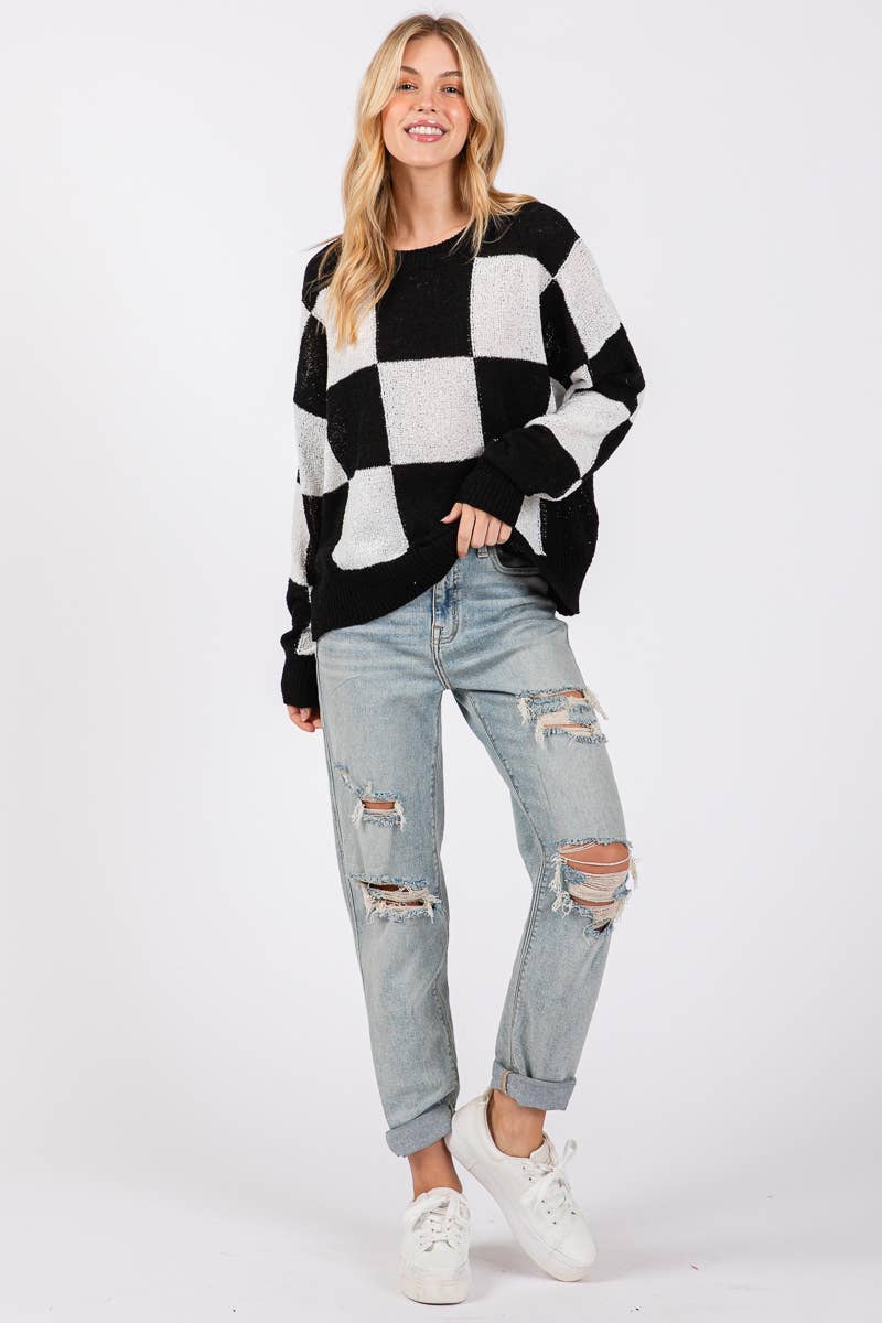 CHECKER SWEATER TOP : PURPLE/YELLOW / L