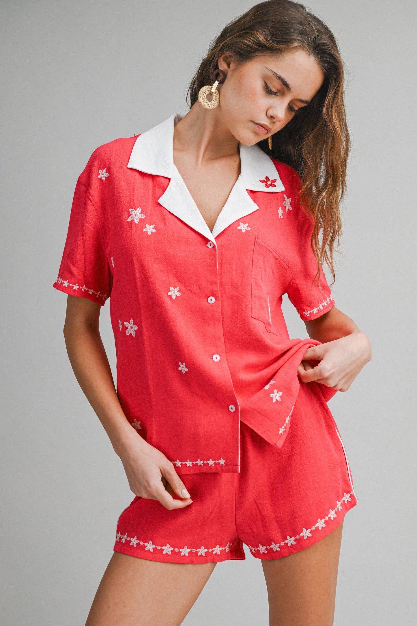 Bestickte Lounge-Shorts | Damen-Sommer-Pull-On-Shorts | Shorts mit Gummibund und Blumenverzierung | Passendes Set Unterteil