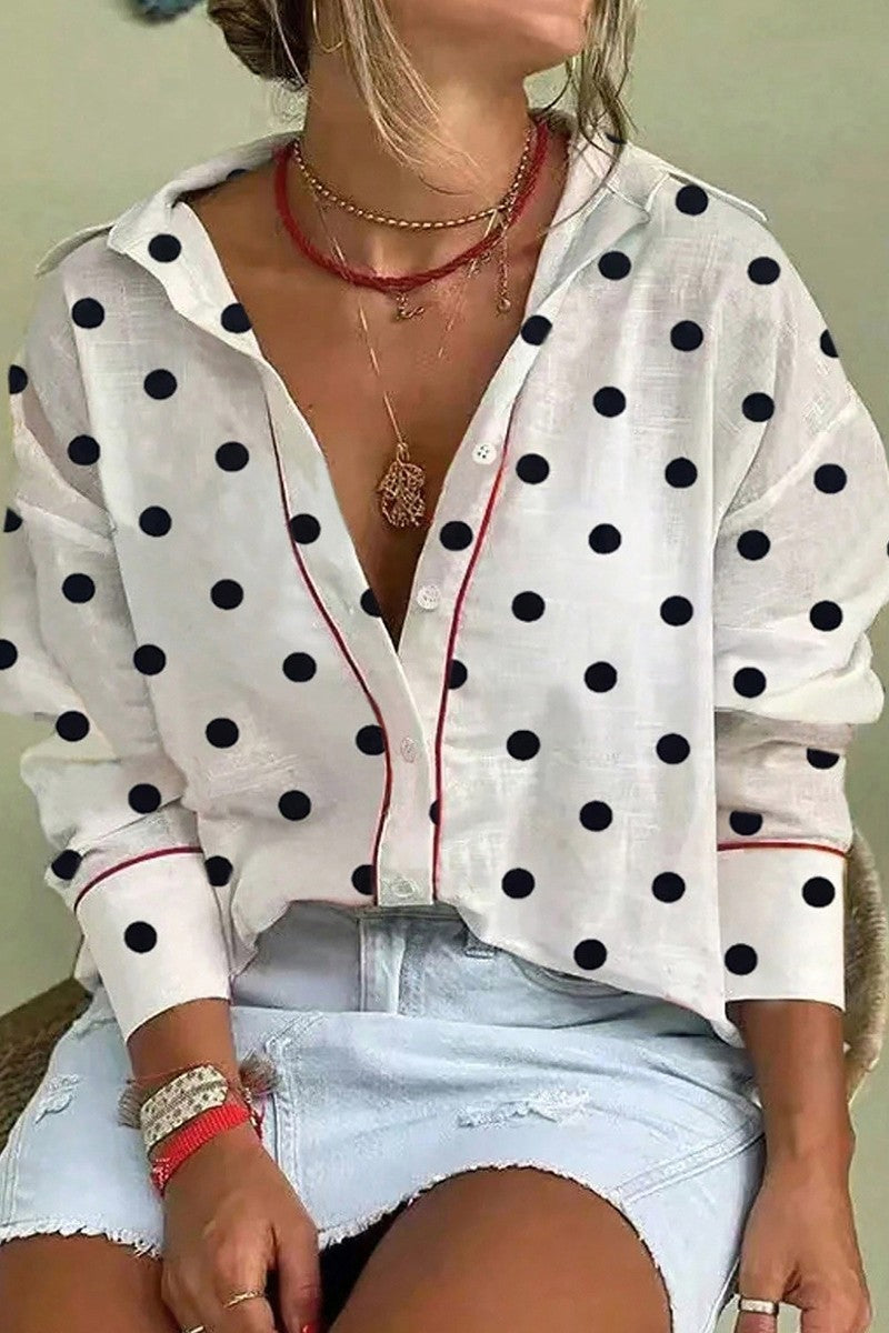 Poppy Dot Contrast-Trim Button-Up Blouse