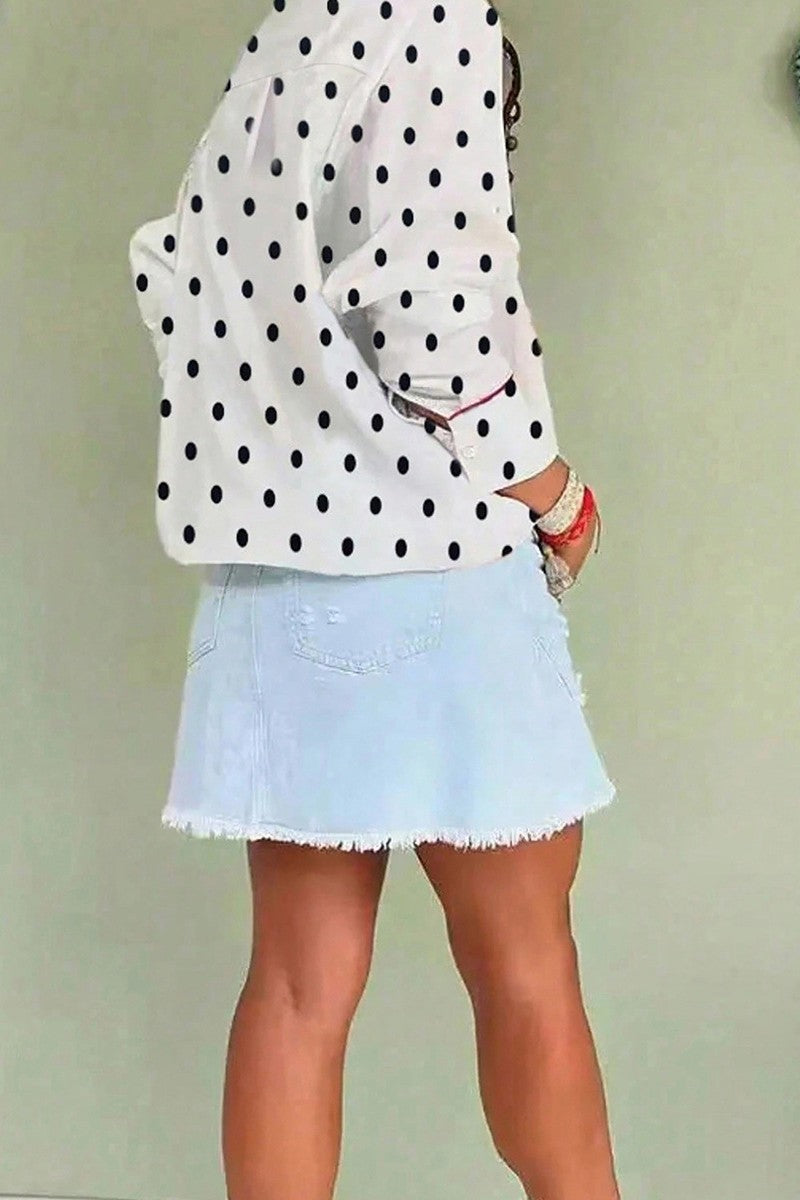 Poppy Dot Contrast-Trim Button-Up Blouse