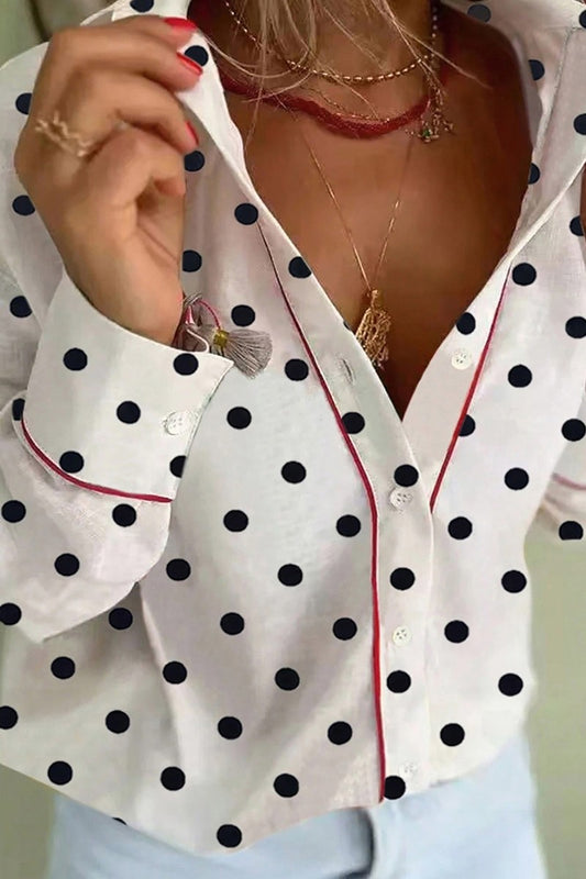Poppy Dot Contrast-Trim Button-Up Blouse